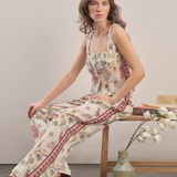 Burgundy - Floral Linen Pants